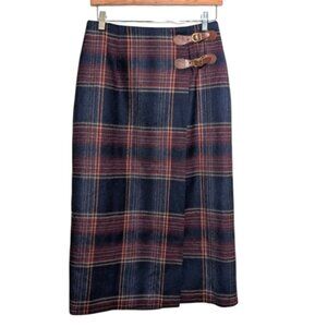 Talbots 100% Wool Plaid Wrap Skirt With Leather Buckle Accents 8 Petites